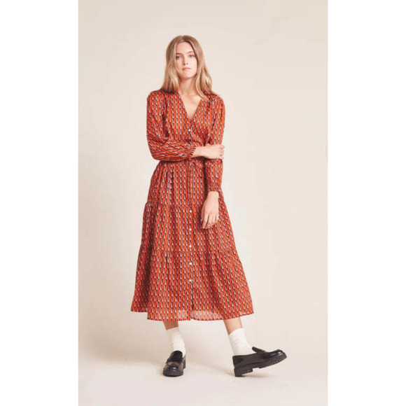 Trovata Birds of Paradis L Geometric Print Button Front Midi Dress Orange Long - Picture 11 of 11